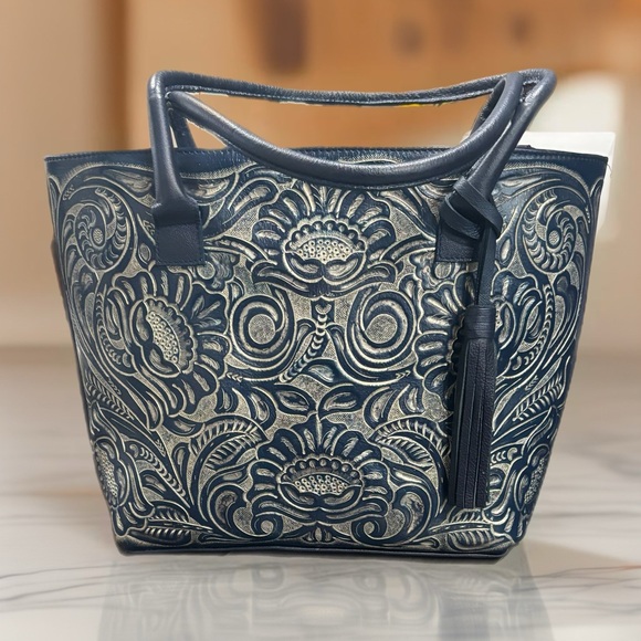 Elegant Blue Floral Embossed Tote Bag